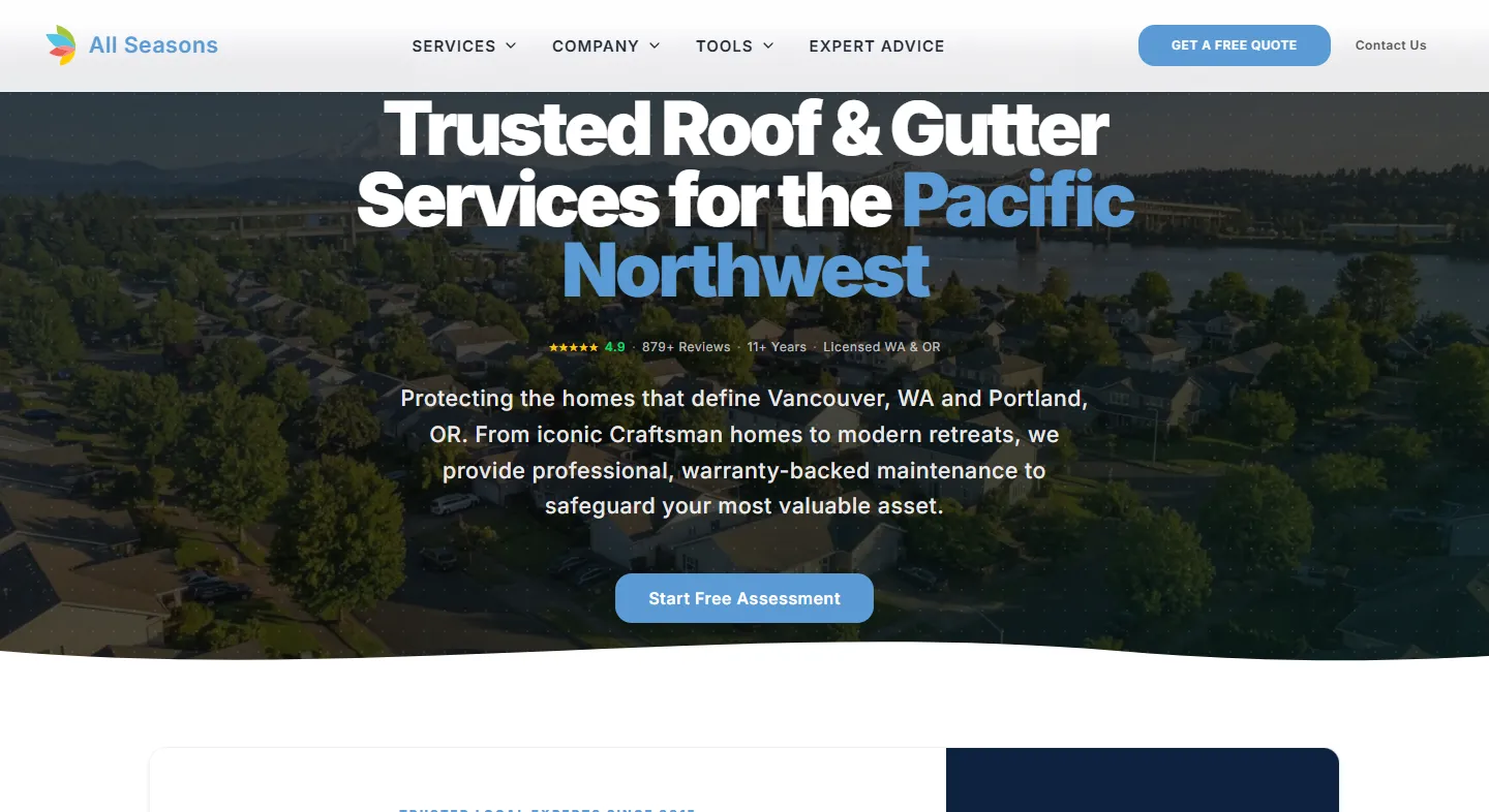 The All Seasons homepage, with its roof and gutter services hero over an aerial view of the Vancouver, WA area.