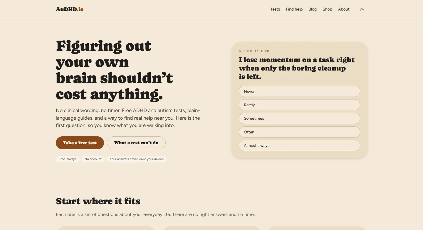 The Audhd.io homepage, opening on the first screener question so visitors see what they are walking into.