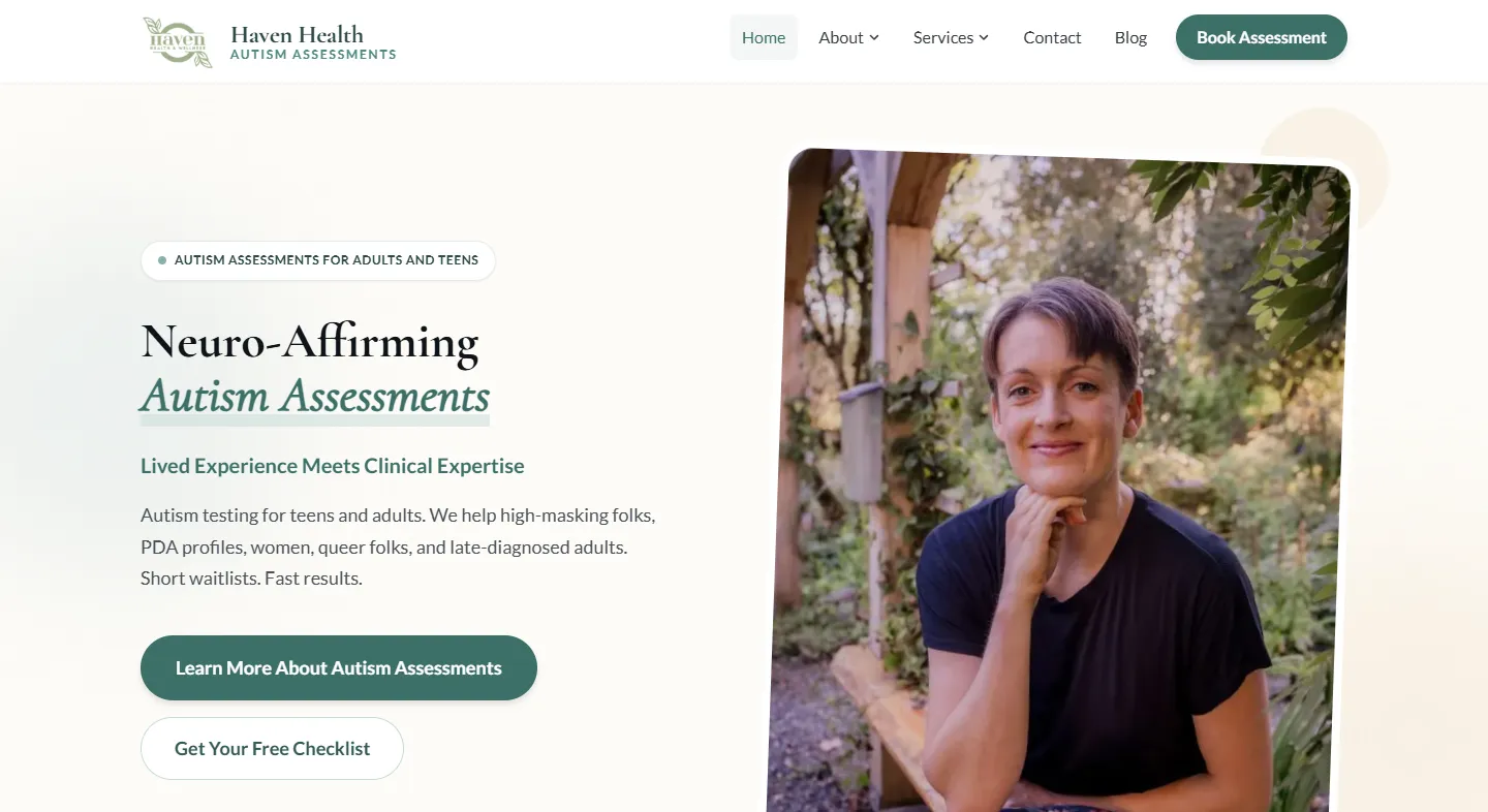 The Haven Health homepage, introducing neuro-affirming autism assessments for teens and adults.