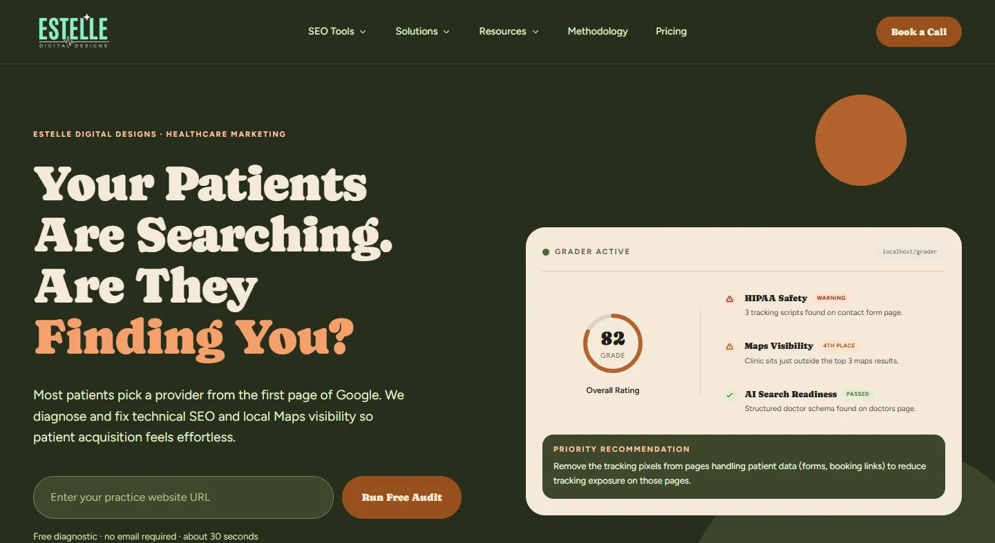 The Estelle Digital Designs homepage, with the free SEO grader showing a sample practice audit.